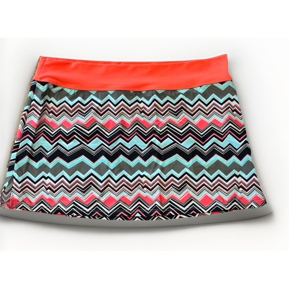 LOLE Womens L Mini Micro Pull On Athletic Stretch Skirt Orange Blue Zig Zag